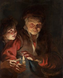 Gammel kvinne og gutt med stearinlys, ca. 1616-1617.