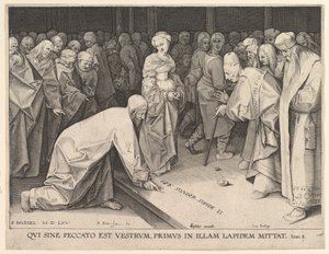 Kristus og kvinnen tatt i utroskap, 1579. av Pieter Perret
