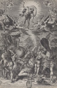 Omvendelsen av Saulus, som ligger på bakken omgitt av hester og soldater som Kristus..., 1583 av Pieter Perret