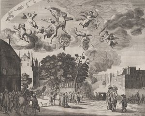 Charles II kommer inn i Haag i en vogn med Mauritshuis til høyre, fra 'Verha..., 1660. av Pieter Philippe