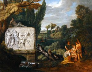 Et klassisk landskap med jomfruer som danser ved en sarkofag som skildrer Silenus