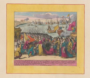 Ankomst av prinsesse Elisabeth Christine av Wolfenbüttel til Mutaro, 1708 Ankomst av prinsesse Elizabeth av Wolfenbuttel, dronning av Spania (...) (tittel på objekt) Krigens teater, begynnelsen av kong Charles II. Inntil kong Karel de I av Pieter Schenk (I)