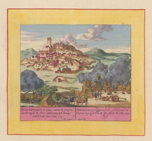Beleiring av Albuquerque, 1705 Alberquerque, i Spania, på grensen til Portugal ved Elvas, underkaster seg kong Carel III, 10. juni 1705 (tittel på objekt) Krigens teater, begynnelsen av kong Charles II. Vi sees på Kong Kar av Pieter Schenk (I)