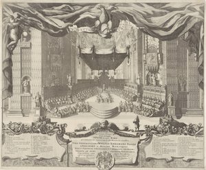 Utsikt i Sint-Pietersbasiliek Et teater som representerer forbrytelsene som finner sted i St. Peter-tempelet i byen Roma (tittel på objektet) av Pieter Schenk (I)