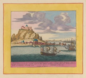 Erobringen av Gibraltar av en anglo-nederlandsk flåte, 1704 Gibraltar erobret av Pr. van Hessen Darmstadt, med den ilandsatte militsen til Eng: en Holl: under Adm: Rooke og Callenberg den 4. august: 1704 (...) (tittel på objekt) Teater