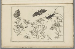 Tre blomstergrener med fugler, sommerfugler og et insekt Kinesiske blomster og insekter (serietittel)