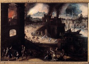 Ødeleggelsen av Troy-maleri av Pieter Schoubroeck (1570-1607) Besancon fra 1600-tallet. Museum of Fine Arts av Pieter Schoubroeck