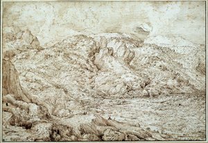 Alpenes landskap. Tegning av Pieter Brueghel Dit The Old Man (1525-1569) Ec. Flam. av Pieter Bruegel the Elder