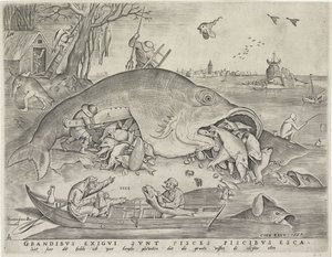 Store fisker spiser den små fisken, gravert av Pieter van der Heyden, 1557 av Pieter The Elder after Brueghel