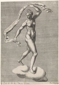 Diana som Luna på en sky Luna Noctis Domina (tittel på objekt) De syv planetene (tittel på objekt) av Pieter Valck