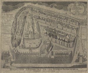 Utsikt over Sint-Elisabethbegijnhof en de Sint-Elisabethkerk te Gent Begginasium of St. Elisabeth under omsorg av Preacher Brothers of Gent fra år 1234 (tittel på objekt) av Pieter Wauters