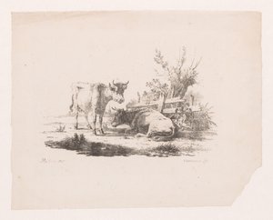To kyr ved et gjerde og ei pil av Pieter de Goeje