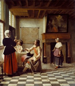 Et interiør, med en kvinne som drikker med to menn, og en tjenestepike av Pieter de Hooch