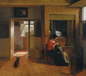 Innvendig rom med en mor som renser barnets hår, kjent som "Mors jobb" av Pieter de Hooch