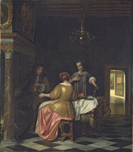 Interiør med en Gentleman and Two Ladies Conversing, ca. 1668-70 (olje på lerret) av Pieter de Hooch