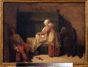 ""The Morning of a Young Man"" (The Morning of a Young Man) En ung mann som forbereder seg på å våkne mens en hushjelp gjør om sengen. På gulvet en tøffel og en kammergryte. Maleri av Pieter de Hooch (1629-1684) 1655-1657 Pushkin-museet, Moskva av Pieter de Hooch