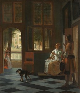 Mann som overlater et brev til en kvinne i inngangspartiet til et hus, 1670