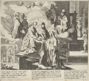 Catherine dukker opp / Catherines bryllup / Catherine deler kappen sin Scener fra Life and Miracles of Saint Catherine of Siena (serietittel) Vita mors gesta, et miracula quaedam selecta B. CATHERINAE SENENSIS (...) (serietittel) av Pieter de Jode (I)