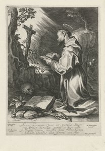Saint Francis kneler foran krusifiks