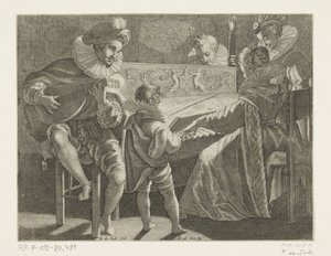 Selskap som lager musikk ved fakkellys, ca. 1600