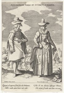 Paar, kledd i henhold til engelsk modus, ca. 1610 Ungdoms engelske og engelske vaner (tittel på objekt) Kostuums uit verschiedelden landen (serietittel) Ornaments of Various Nations (serietittel) av Pieter de Jode (I)