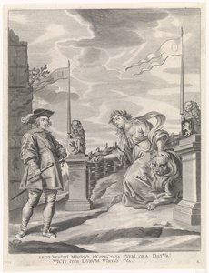 Ferdinand mottar nøklene til byen fra byjomfruen i Gent Gledelig inntreden av kardinal-barnet i Gent, 1635 (serietittel) av Pieter de Jode (II)