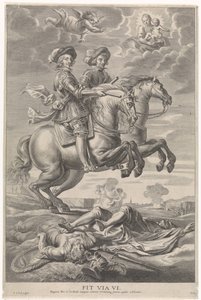 Ferdinand av Østerrike med Ferdinand, konge av Böhmen og Ungarn, på hesteryggen ved seieren ved Nördlingen Gledelig inntreden av kardinal-barnet i Gent, 1635 (serietittel)