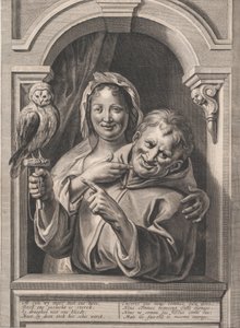 En dåre med en ugle og en kvinne ved et vindu, 1600-tallet.