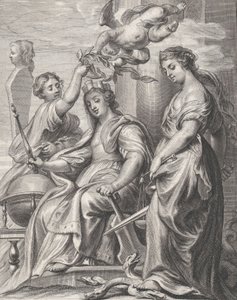 Allegory of Good Government, sittende i midten og kronet av en putto og en wo..., ca. 1640-74. av Pieter de Jode II