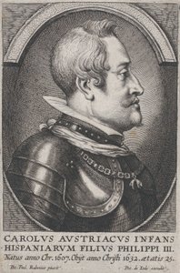 Portrait of Charles of Austria, Infante of Spain, in profile to the right, ca. 1650.    1158090   no       norwegian Successfully Translated  Original: P (letter shown by a hunting horn player) Translat: P (letter shown by a hunting horn player) 1406026 no