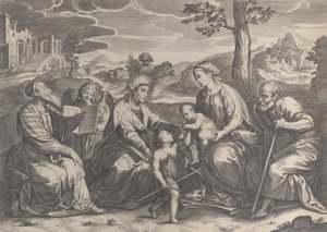 Den hellige familie til høyre, med spedbarnet Saint John the Baptist, Elizabeth, Zacharias,..., 1631-37.
