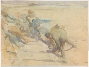 Arbeidere som bryter opp skinner av Pieter de Josselin