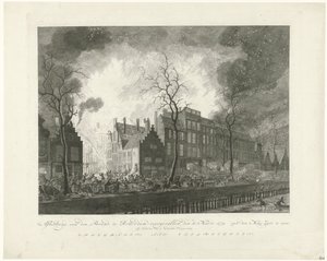 Brann i Pottery Alley i Rotterdam, 1779 Bilde, van den Brand, fant sted i Rotterdam, den 11. mars 1779. van den Maas Silke utstilt (tittel på objekt)