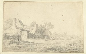 Klitlandskap med tre figurer foran en gård av Pieter de Neyn