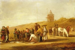Fiskere som selger fangsten sin på stranden (olje på lerret) av Pieter de Neyn