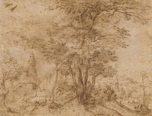 En landsby med en gruppe trær og et muldyr, ca. 1552-54 av Pieter Bruegel the Elder