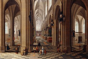 Interiøret i en gotisk katedral med byfolk og pigrimer, 1647