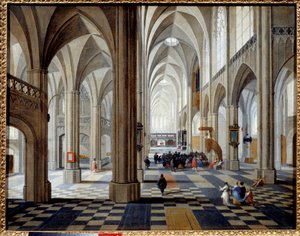 Interiøret i Antwerpen katedral. Maleri av Peeter Neefs The Old (eller Pieter Neefs I) (1578-1660) Ec. Flam.
