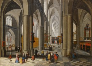 Interiør i en katedral med figurer