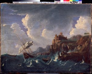 Stormfullt hav. Stormfullt hav. Maleri av Pieter Mulier II den yngre (eller Pietro Mulieribus eller Pietro Cavaliere Tempesta) (1637-1701). Nederlandsk kunst, barokkstil. Olje på lerret. Statens museum for historie og kunst, Serpukhov (Serpukhov).