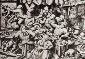 Tigger blir kastet ut av en rikmanns kjøkken, på 1500-tallet (gravering) av Pieter the Younger Brueghel