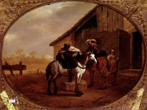 Avgang fra hotellet To ryttere rir på hestene sine etter et stopp i et vertshus. Maleri av Pieter Van Laer dit Bamboccio (BAmboche ou Bamboots) (1592/5-1642) (ec.holl.) 1600-tallet Søn. 32x43 cm Paris, musee du Louvre - Avgang fra vertshuset, av Piet av Pieter van Laar