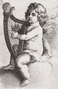 En barneengel som spiller harpe. av Pieter van Avont