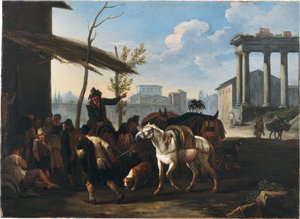 Bønder utenfor et vertshus, en by og gamle ruiner bortenfor