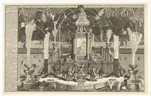 Fyrverkeri til ære for freden i Utrecht, 1713 Nederlandsk fredsfyrverkeri reist av Noble Groot Mogende Heeren-statene Holland og Vest-Friesland, avfyrt i elven til Haag (...) (tittel på objekt) av Pieter van Buysen jr.
