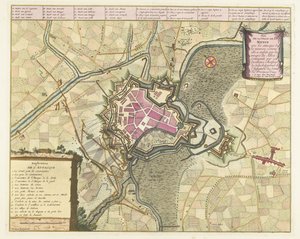 Kart van het beleg van Menen, 1706 Plan for byen Menin med angrepene (...) av troppene til de allierte (...). (tittel på objekt) av Pieter van Call (II)