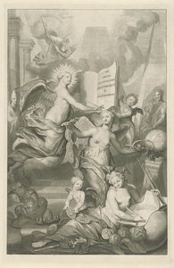 Berømmelse, evighet og skrivekunst Tittelside for Louis Moréri, Le grand dictionaire historique, 1731 av Pieter van Gunst