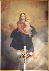 Innefra, maleri "Vår Frue med barn med rosenkrans", altertavle på hovedalteret av Pierre Van Hanselaere av Pieter van Hanselaere