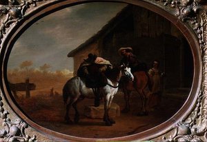 Reisende som forlater et vertshus (olje på panel)