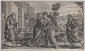 Visitation, Saint Elizabeth omfavner jomfruen i sentrum mens Saint Joseph går til..., ca. 1656-60 av Pieter van Lisebetten